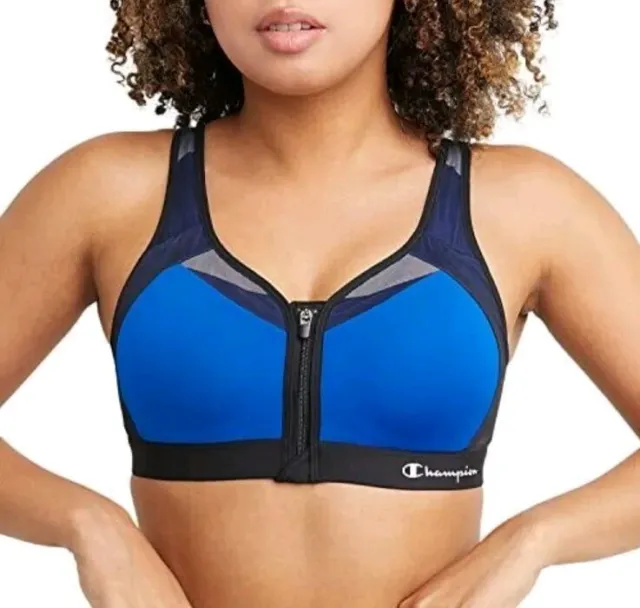 Champion High Impact Sports Bra Motion Control Front Zip Wirefree Script Logo