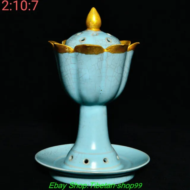 6.6"Old China Song Dynasty Ru Kiln Porcelain Lotus Flower Incense Burner Censer
