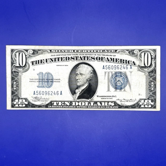 1934 $10 Ten Dollar Silver Certificate Blue Seal Bill Note ~ US Currency ~ 246