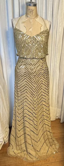 Adrianna Papell Womens Beige Mesh Sleeveless Gold Beaded/Sequin Event Gown Sz 4