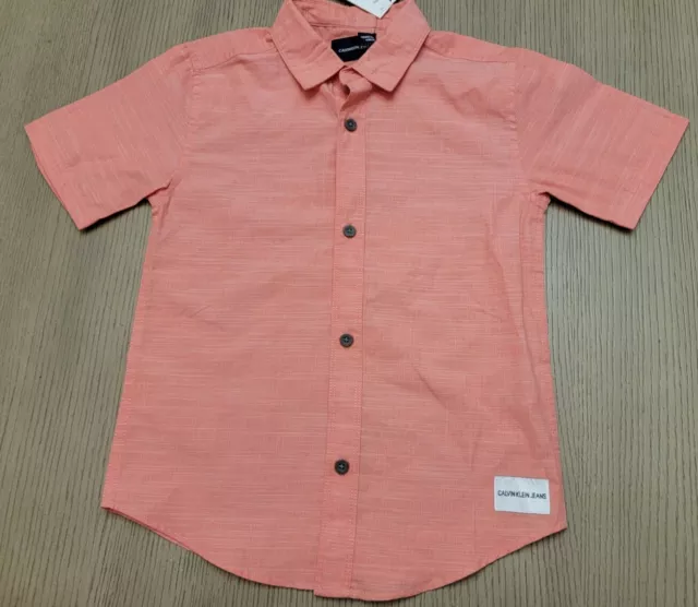 NWT Calvin Klein Jeans Boys Button Up Short Sleeves coral Cotton Shirt Size 7