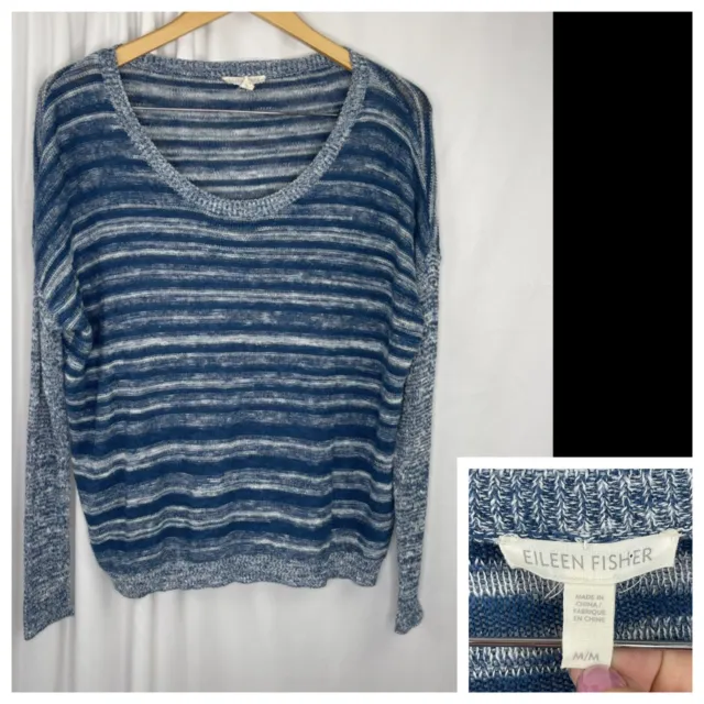 Eileen Fisher Lightweight Sweater Sz M Pullover Striped Organic Linen Cotton
