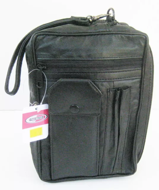 Black Leather Men's Messenger Bag Travel Organizer Cross Body Hand Strap Purse