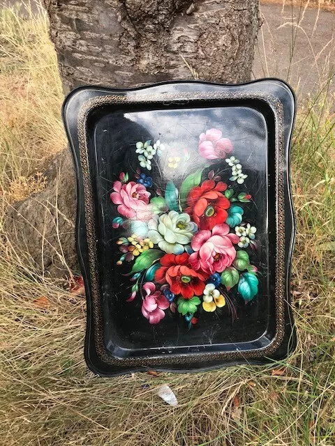 large soviet era hand painted metal tray kitsch boho