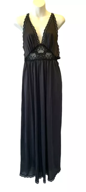 VTG SEARS NYLON Nightgown Black Lace USA retro Long Silky Smooth Size ...