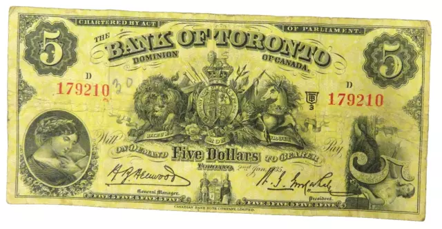 1935 Bank of Toronto $5 Five Dollar Canada Banknote, Limited Print