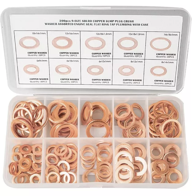 200* Assorted Solid Copper Car Engine Washers Crush Seal Flat Ring Gasket Sets 2