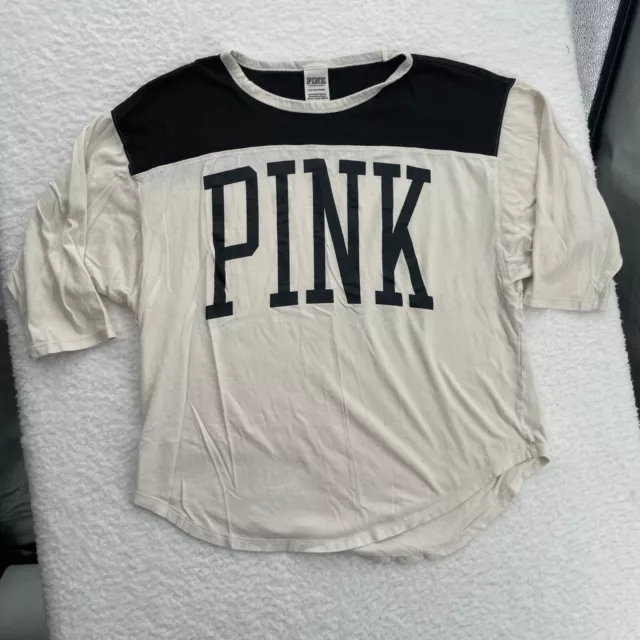 PINK Shirt Women's White/Black Scoop Neck Size S Small 3/4 Sleeve Small Stains