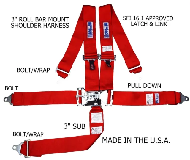 Rjs Racing Sfi 16.1 5Pt Latch & Link Harness Belt Roll Mount Bar Red 1128604