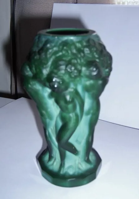 Vintage Schlevogt Czech Art Deco Nude Ladies Green Malachite Glass Ingrid Vase