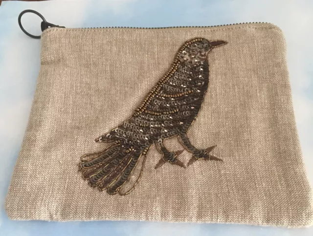 Pottery Barn Bird Embroidered Beaded Pouch Cosmetic Bag - New!!