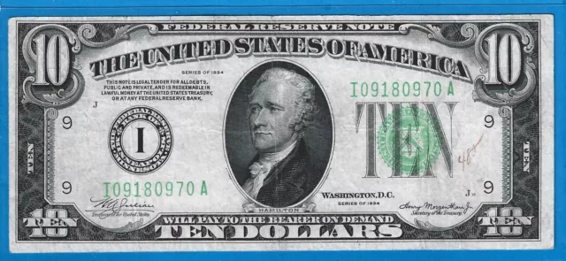 1934 $10 FRN I-Mineapolis,Dark Blue-Green Seal,Circ VF,Nice!