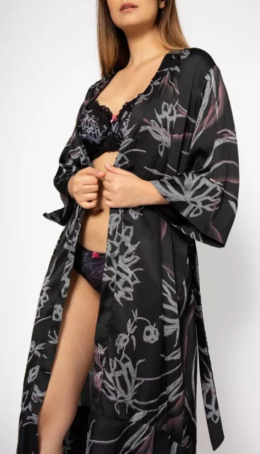 DORINA Dolce Morgenmantel Kimono, Bademantel, Cover Up, Satin schwarz braun weiß