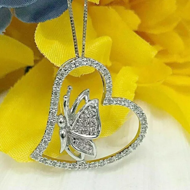 2.00 Ct Round Cut Real Moissanite Butterfly Pendant 14K White Gold Plated