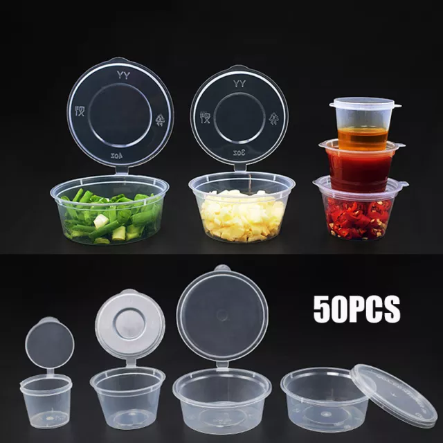 Clear Hinged Lid Plastic Single Use Sauce Containers Cups Pot Tub Deli Takeaway