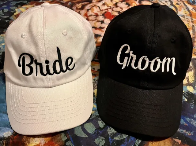 Bride and Groom Caps Set! Adjustable Black & White Hats Baseball Caps Wedding