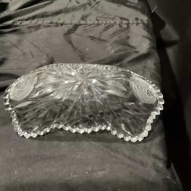 american brilliant cut glass 4x8 in elongated small relish bowl rose cut design 10