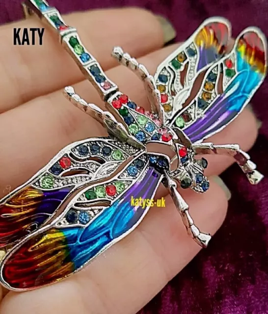 3.93" Large Articulated Big Dragonfly Crystal Vintage Silver BROOCH Pin Gift