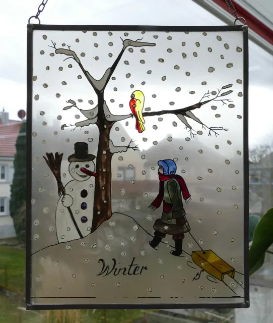 Älteres Fensterbild Bleiverglast " Winter " Handmalerei  ca. 23 cm x 18 cm !!!