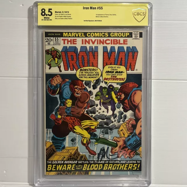 Iron Man 55 CBCS 8.5 SIGNED Key 1st appearance Thanos, Drax, Starfox STARLIN
