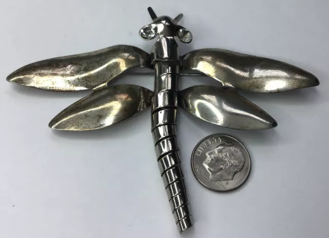 Vintage Rare Sterling Silver  Large Dragonfly Brooch Pin Clear Rhinestones