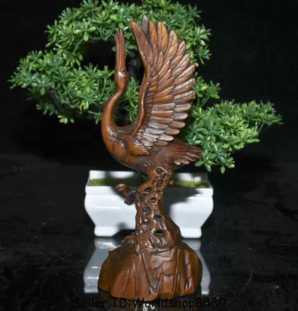 8" Old Chinese Boxwood Wood Hand Carved red-crowned crane Birds Statue Sculpture