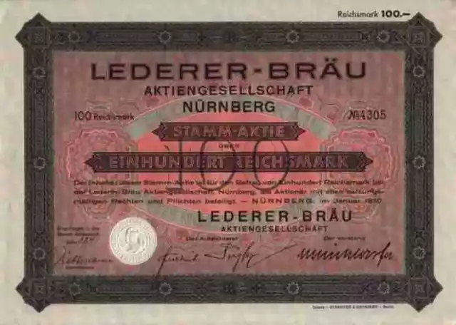 LEDERER BRÄU 1930 Nürnberg Fürth Lauf Wengen Hersbruck 500 RM Gunzenhausen Bier