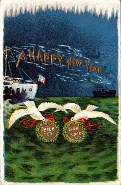 New York Postcard White Doves Carrying Peace God Speed Wreaths to Military Ships