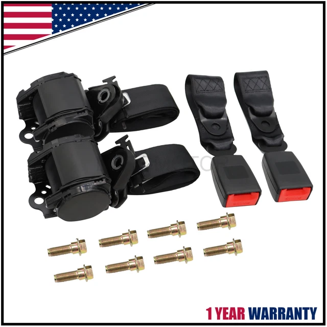 2x 3 Point Retractable Safety Seat Belt Straps Car Vehicle Adjustable Belt Kit