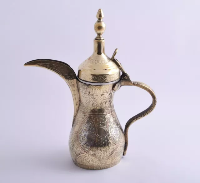 Vintage Islamic Persian silver inlaid brass coffee pot Dallah