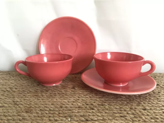 Pair Vintage Hazel Atlas Glass Ovide Flamingo Pink 2 Tea Cups 2 Saucers