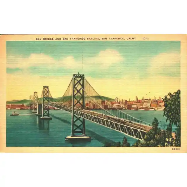Postcard California San Francisco Bay Bridge and City Skyline Linen Era