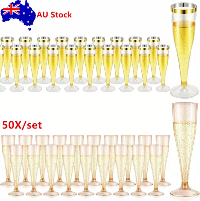 50X Plastic Champagne Flutes Gold Glitter for Wedding Party Toasting Glasses AU