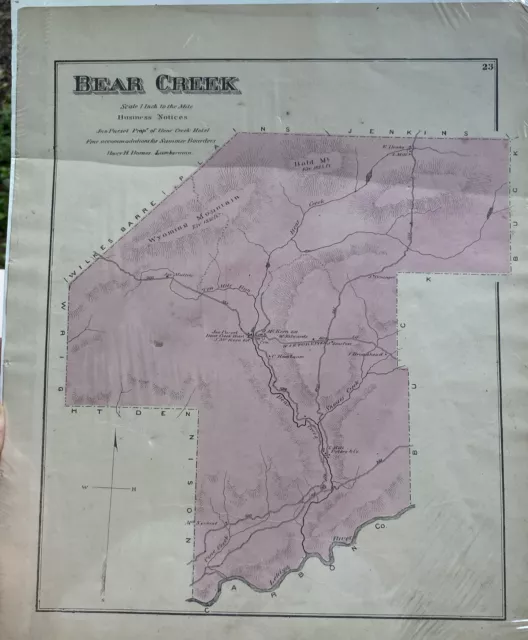 Antique 1873 Bear Creek Township Luzerne County Pennsylvania Handcolored Map Fin