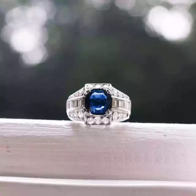 Stunning French Art Deco Navy Blue Sapphire With Clear White CZ 3.36TCW Ring