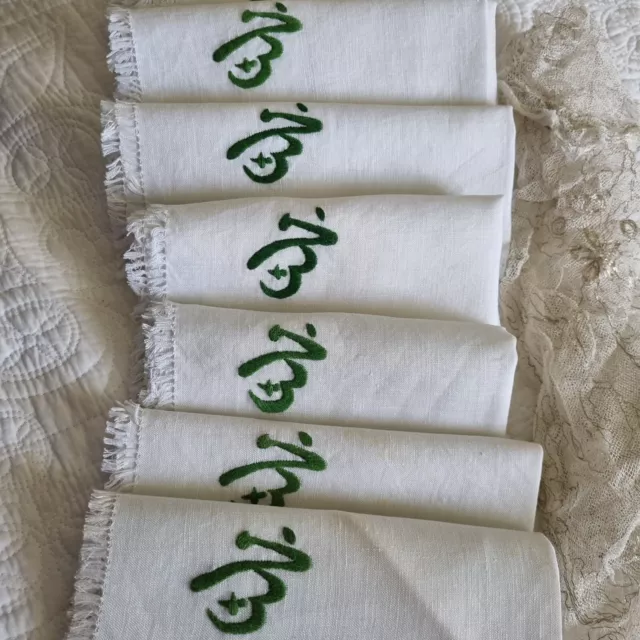 7 Antique HAND EMBROIDERED MONOGRAM WHITE LINEN TABLE NAPKINS SERVIETTES/ FRINGE