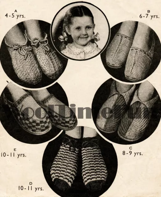 Strickmuster zur Herstellung von Vintage 1940er Jahre Kleinkinder/Kinder Hausschuhe, 5 Stile.