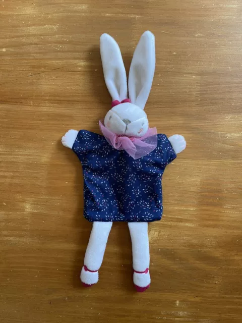 0/Doudou Plat Lapin Blanc Bleu Marine Sergent Major Noeud Rose Marionnette