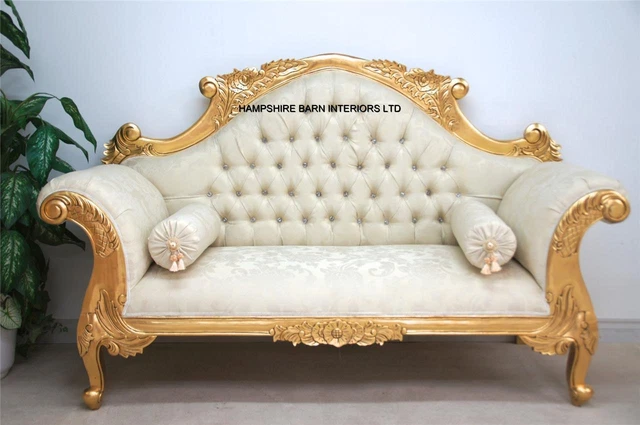 Double Gold & IVORY French Louis Ornate Chaise Longue Sofa Home Wedding crystals