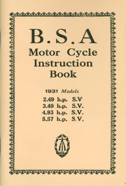 BSA Sloper Instruction Book 1931 2.49 hp SV 3.49 SV 4.93 5.57 SV Manual