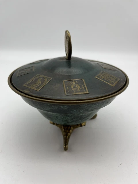 Vintage Oppenheim Israel Brass Verdigris Enamel Covered Candy Bowl Dish MCM