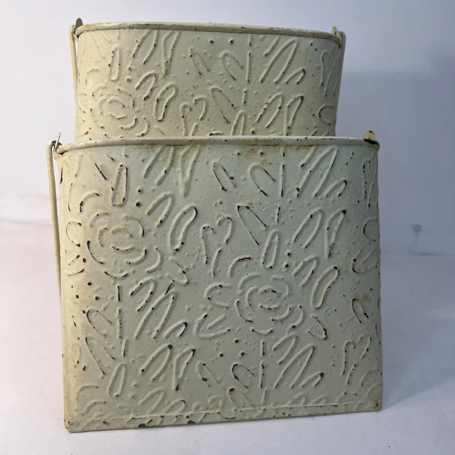Distressed Pressed Tin Flower Wall Pocket Door Bucket Mail/Flower Holder Beige