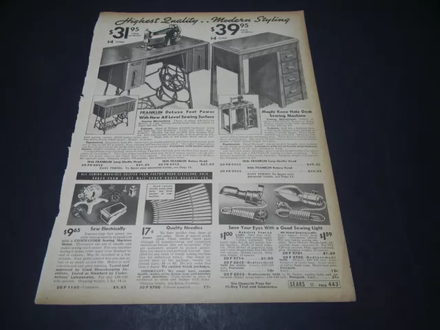 1937 máquina de coser eléctrica Franklin Foot Sears catálogo página impresa anuncio 5H2F