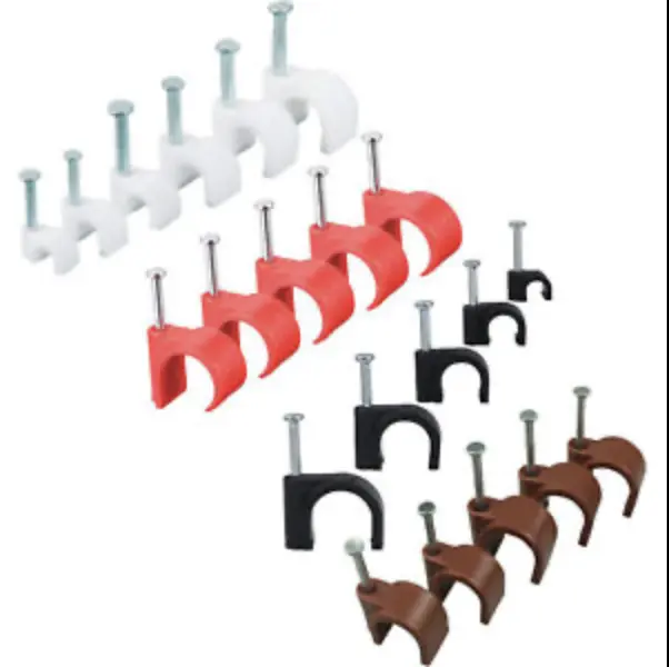 100xRound CABLE CLIPS WITH  FIXING NAIL 5, 7, 10, 14, 20MM BLACK BROWN WHITE RED