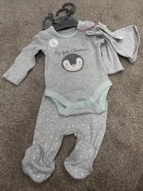 Mothercare Baby Christmas 3 Piece Set Outfit Penguin My First 1-3 Months