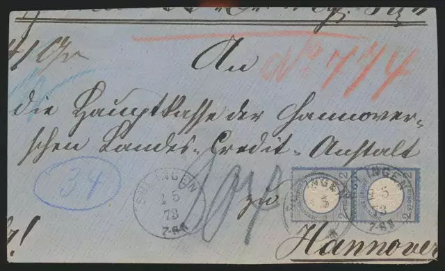 Deutsches Reich Nr. 20 im Paar auf großem Briefteil SULINGEN 2.5.73 - HANNOVER
