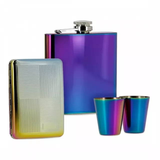 flasque à alcool et etui cigarettes en coffret couleur spectrum