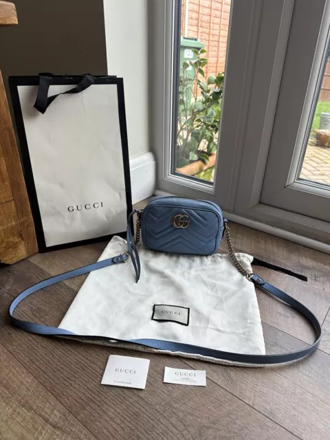 Gucci Authentic GG Mini Marmont Matelasse Sky Blue Leather Chain Shoulder Bag