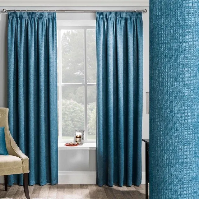 Teal Matrix Thermal Blockout Woven Tape Top Pencil Pleat Curtains Pair