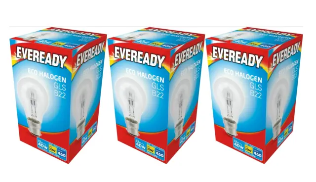 3 PACK Eveready Eco Halogen Light Bulb GLS 40W Clear B22 Boxed Lighting S10132